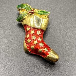 Vintage Danecraft Enamel Rhinestone Christmas Stocking Brooch Pin Xmas
